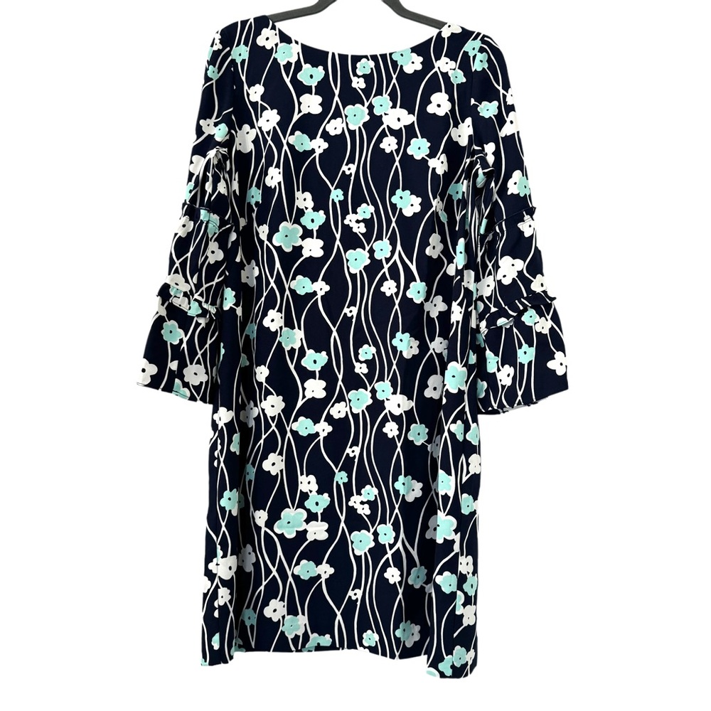 Talbots Dress 10‎ Petite Navy Blue Floral Print 3/4 Bell Sleeve Shift